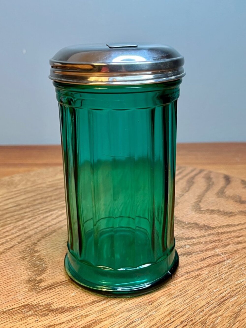 Vintage Ribbed Green Glass Sugar Dispenser, Retro kitchenware